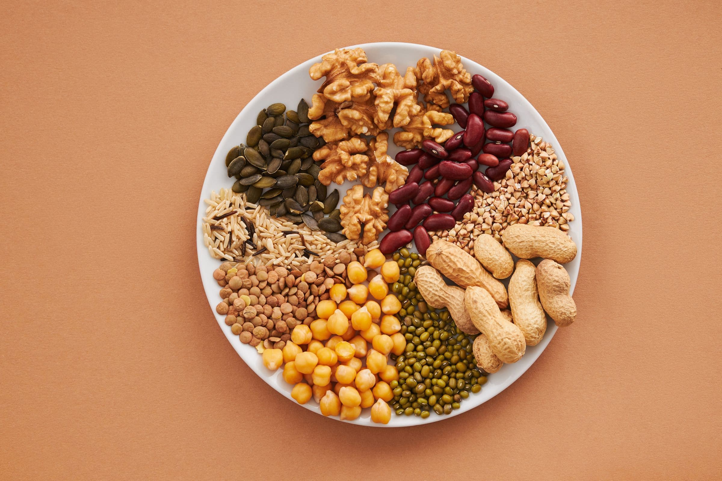 A white plate divided into wedges of walnuts, peanuts in their shells, kidney beans, chickpeas, green lentils, mung beans, pumpkin seeds, oats and buckwheat, photographed from above on a warm brown background.