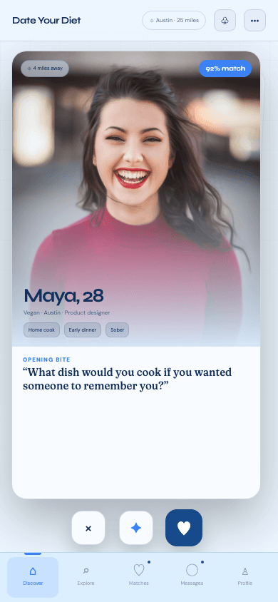 The light-blue Match Lab discovery screen showing a profile and explainable Taste Match score